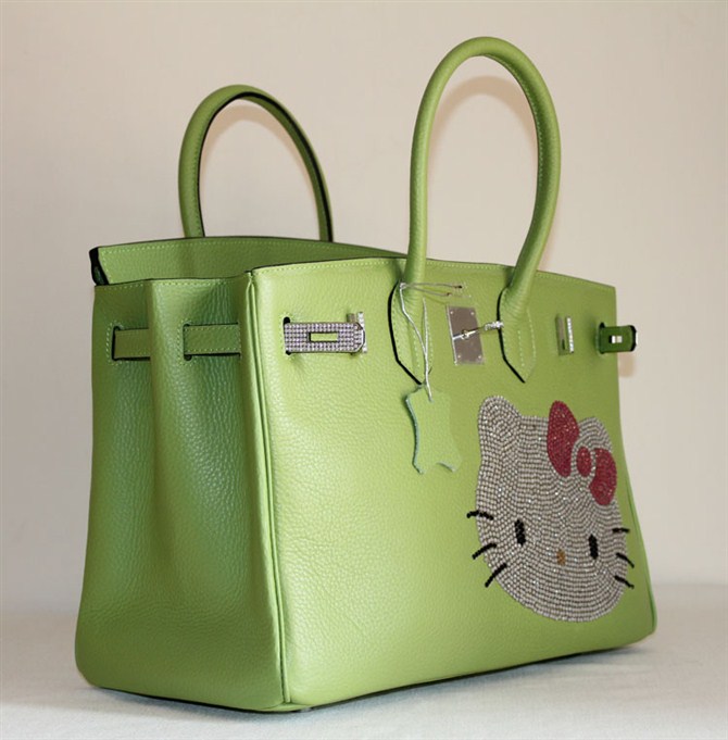 High Quality Fake Hermes Birkin Hello Kitty 35CM Togo Leather Bag Green HK0001 (1)